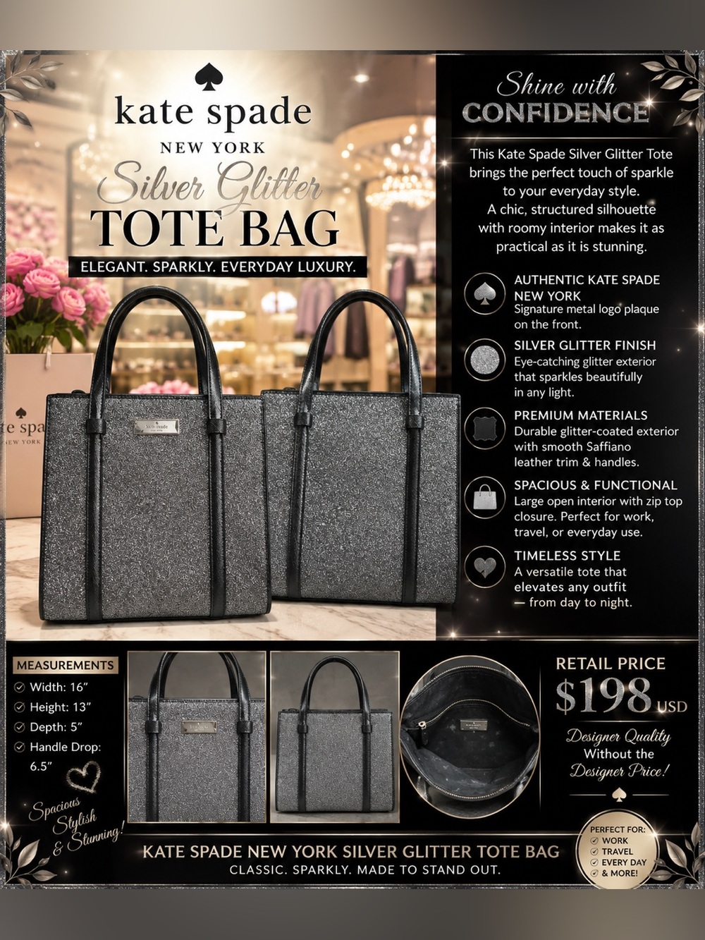 Kate Spade ♠️ Glitter Tote Crossbody Bag in Metallic Silver